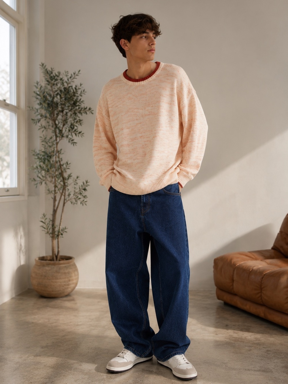 BDG Clark Oversized Cotton Sweater Small Cream Red Crewneck Streetwear